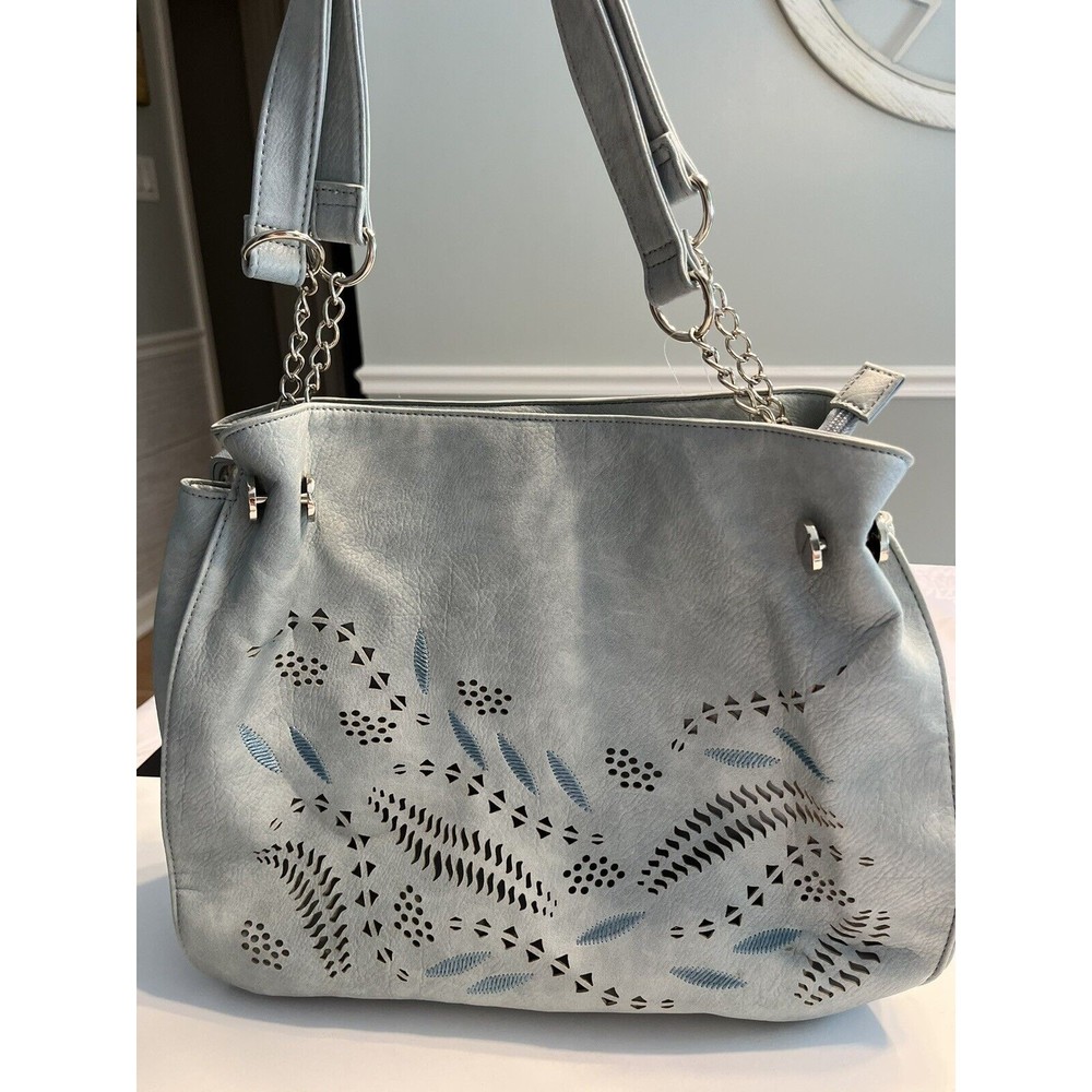 NWT Latique Laser Cut Outs Tassels Vegan Leather Sky Blue Shoulder Handbag Purse